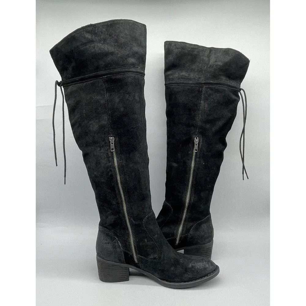 Born Womens 9.5M Gallinara Boot Over The Knee Black Distressed Suede Riding Boho